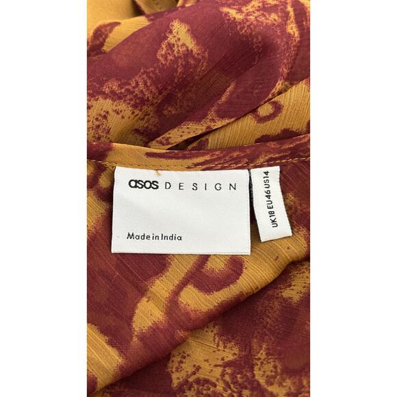 ASOS Ruched Bust Long Sleeve Maxi Dress Womens Size 14 Orange Abstract New - Picture 14 of 16